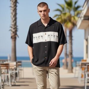 BF469 Men’s Joe Marlin Hawaiian Palm Tree Beach Button Down Shirt XL